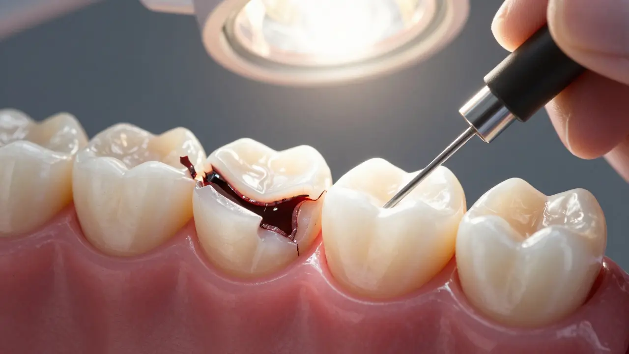 Split image showing damaged tooth transitioning to dental repair with composite filling