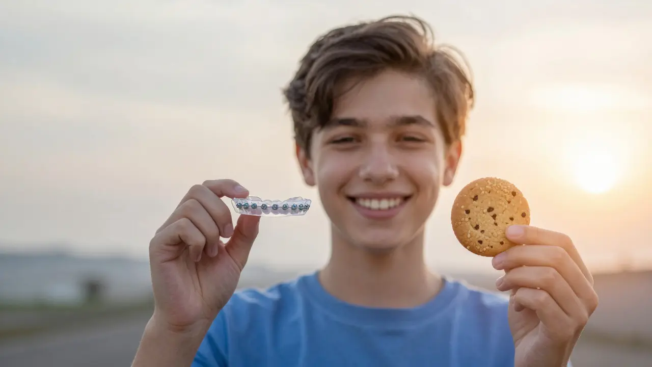 Teenager drží retentivní držák a sušenku, s přechodem od rovnátek k jasnému světlu za ním.