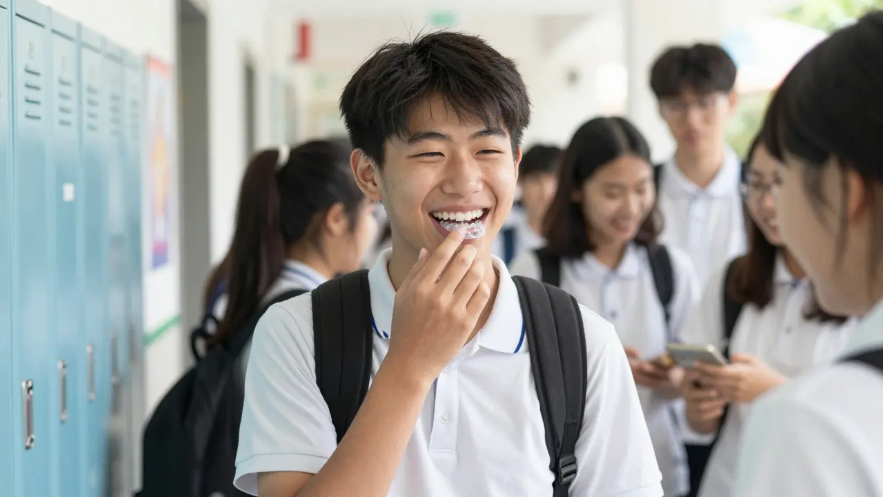 Teenager s neviditelnými rovnátky veselo směje se ve škole.