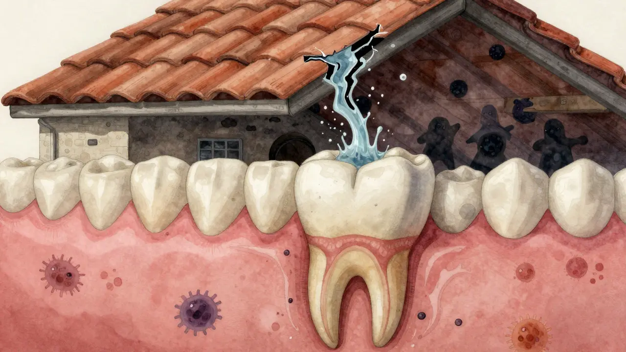 Tooth illustrated as a building with acid leaking through cracked enamel, threatening the inner pulp.