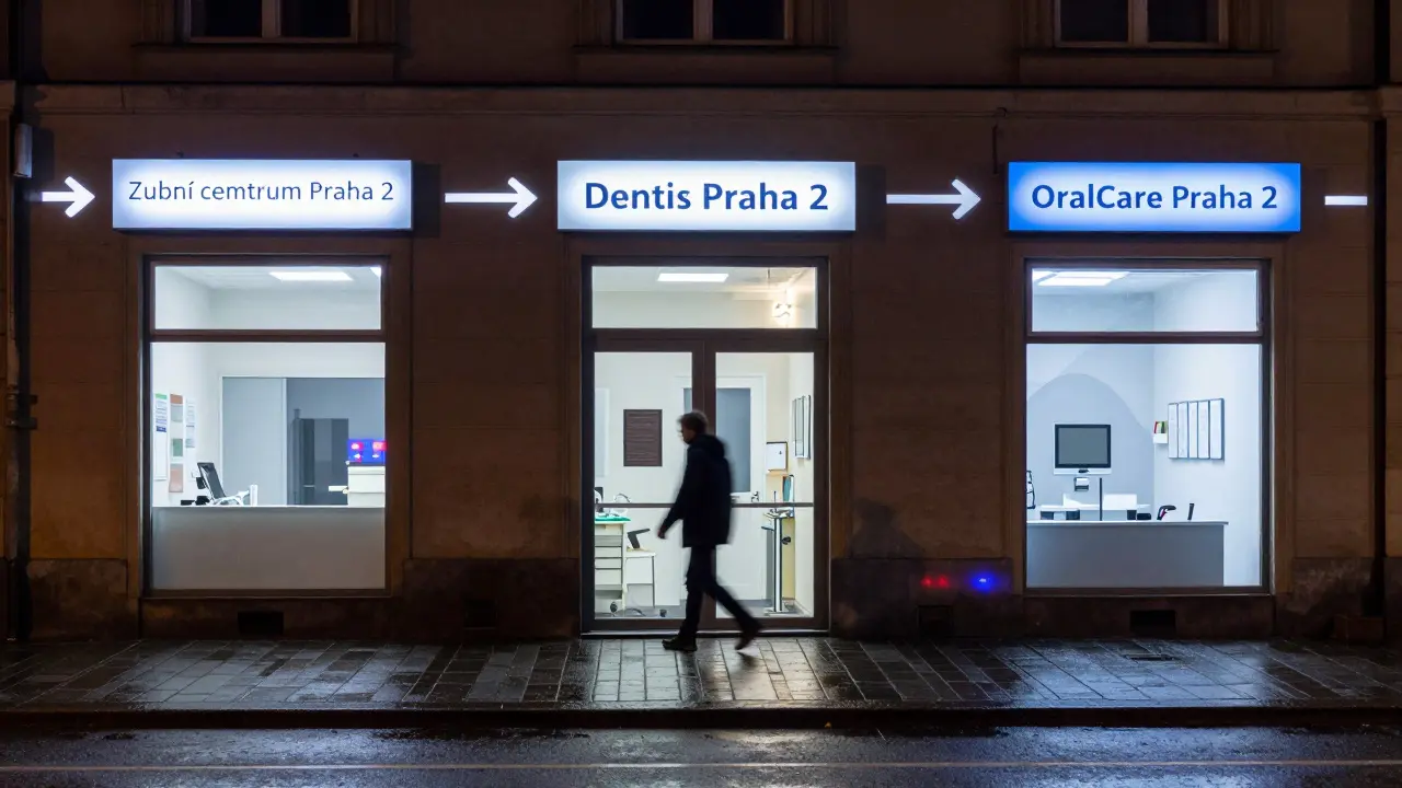 Tři osvětlené zubní kliniky v Praze 2 s náznakem naléhavé cesty k pomoci.
