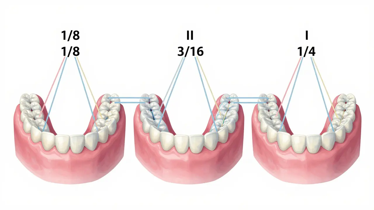 Tři různé velikosti elastických gumiček napnuté mezi horní a dolní čelistí s vyznačenými směry síly.