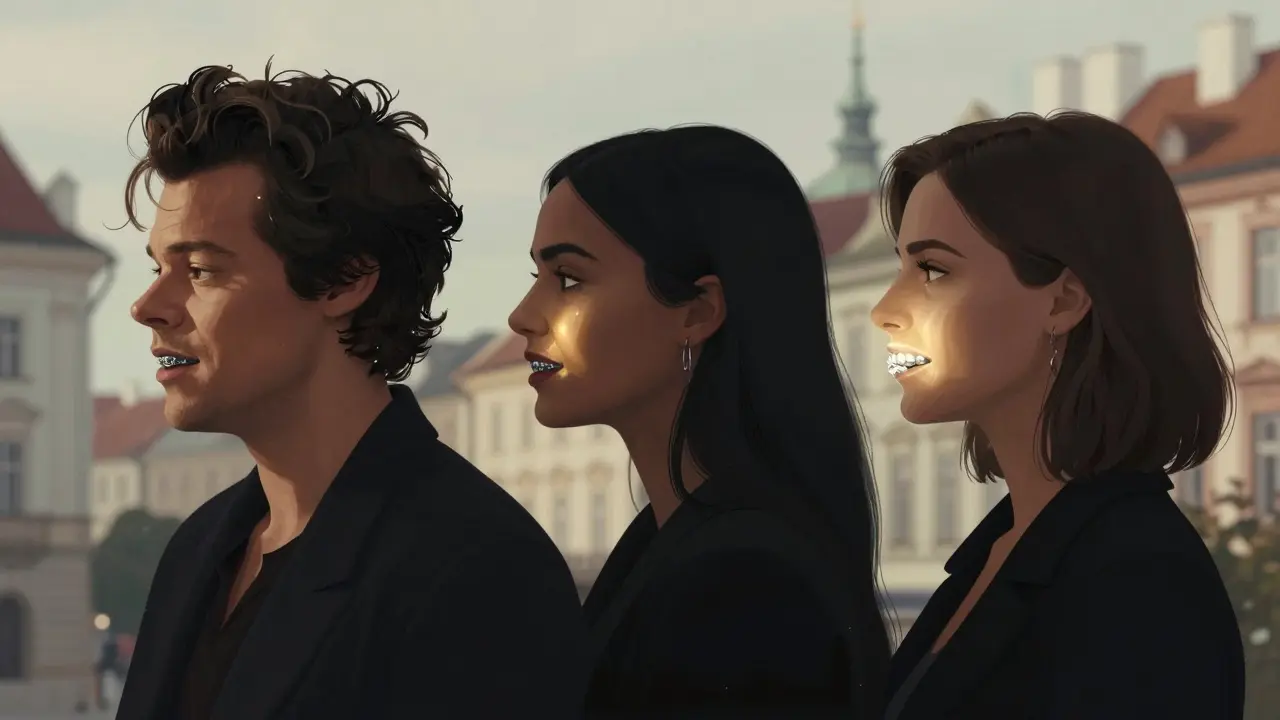 Tři známé osobnosti s různými typy ortodontických aparátů v siluetě.