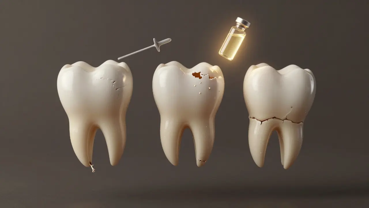 Tři zuby s různými typy poškození v temném prostředí, vedle nich vitamín D a zubní sonda jako symbol péče.