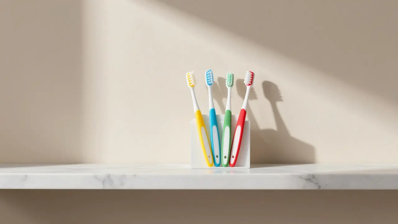 Úhledně uspořádané barevné kartáčky pro ústní hygienu doma.