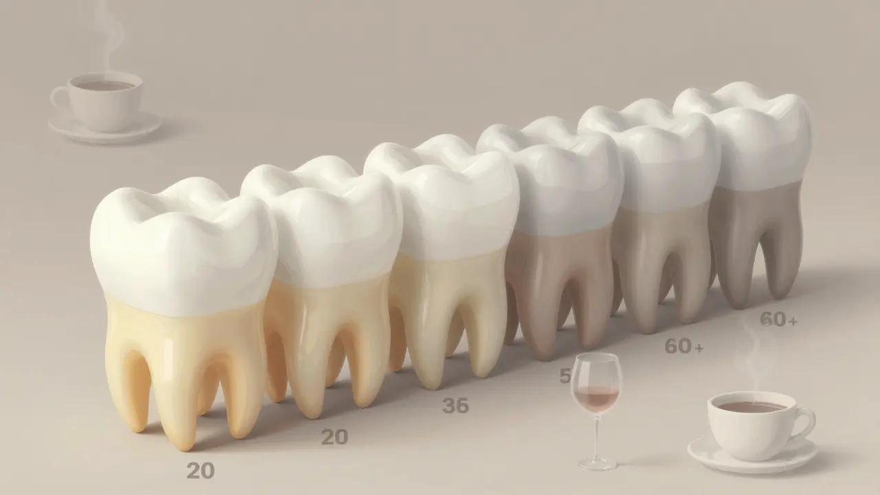 Vývoj barvy zubů od mládí ke stáří s prokazatelným ztenčením skloviny.