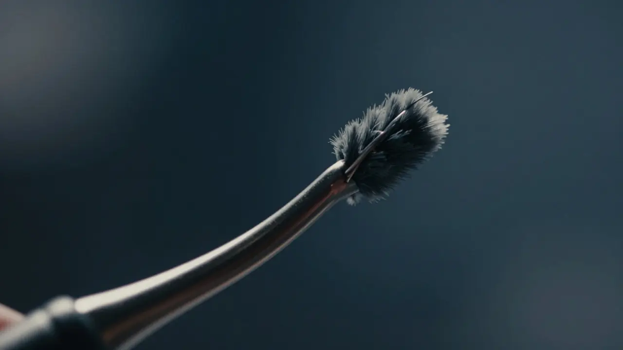 Záběr deformovaného drátu hygienického nástroje v kontrastním světle.