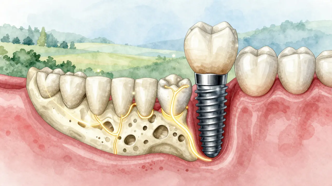 Zdravá čelist s implantátem v porovnání s atrofickou kostí, znázorněná jako medicínská ilustrace.