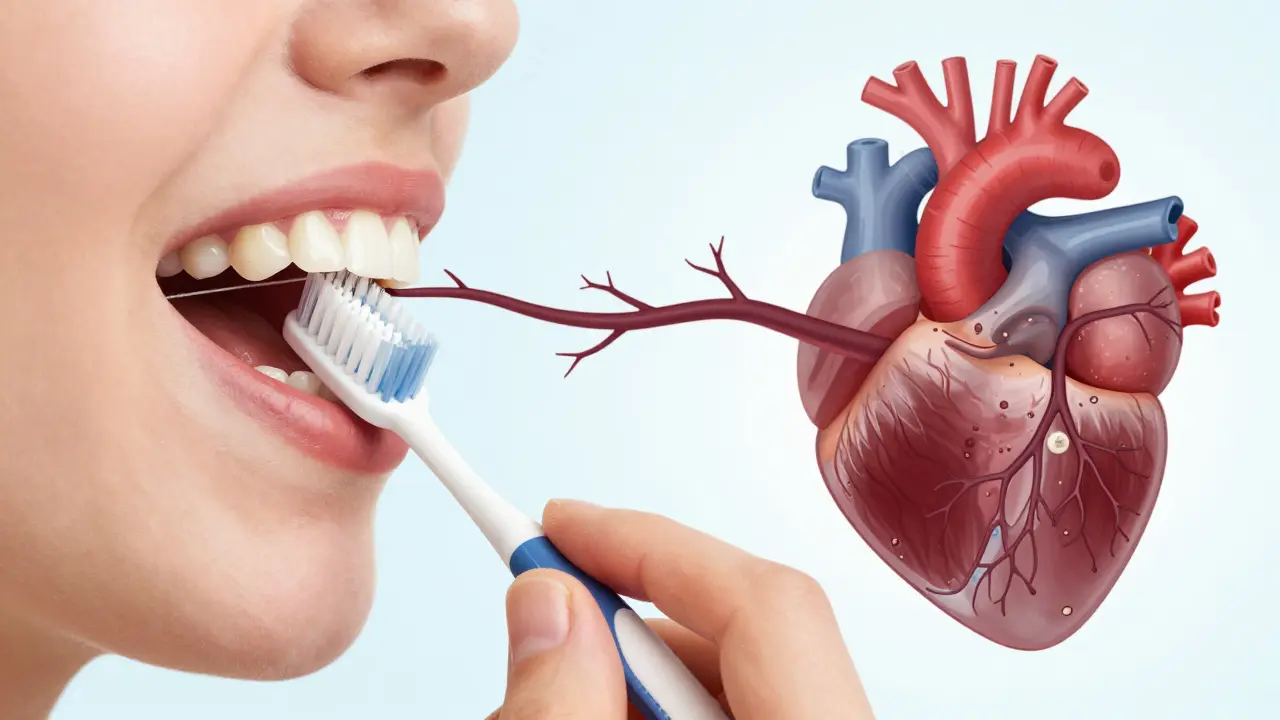 Zdravé a nemocné dásně vedle sebe, s bakteriemi se šířícími do cév k srdci.