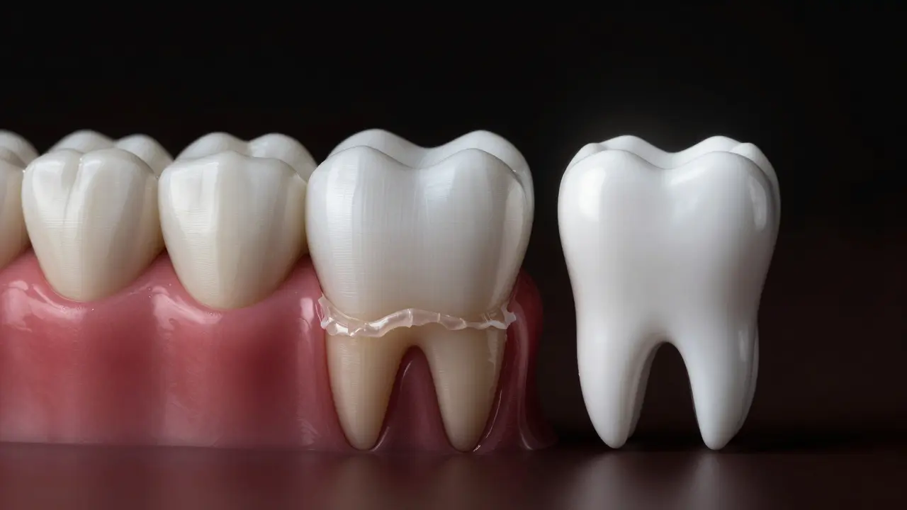 Zubní kámen na dásní vedle čistého zubu – porovnání zanedbávání a péče.