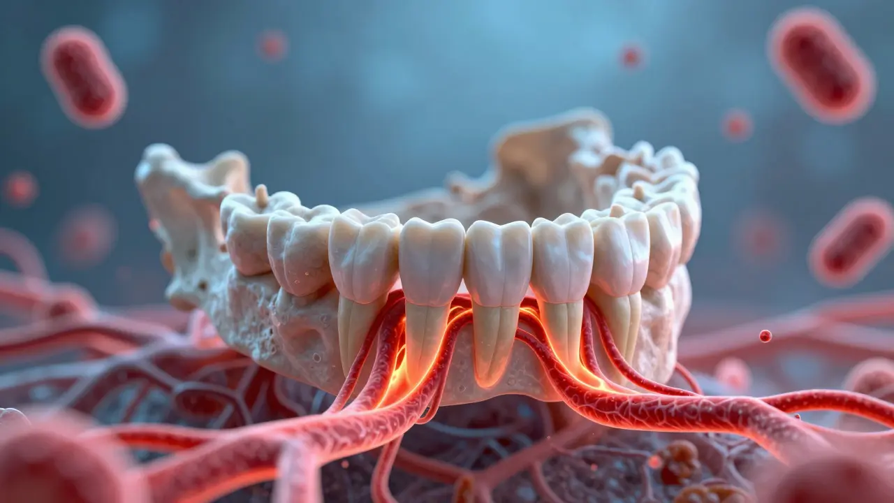 Zubní kořen s erodovanou sklovinnou vrstvou a zánětlivými cestami do krevního oběhu.