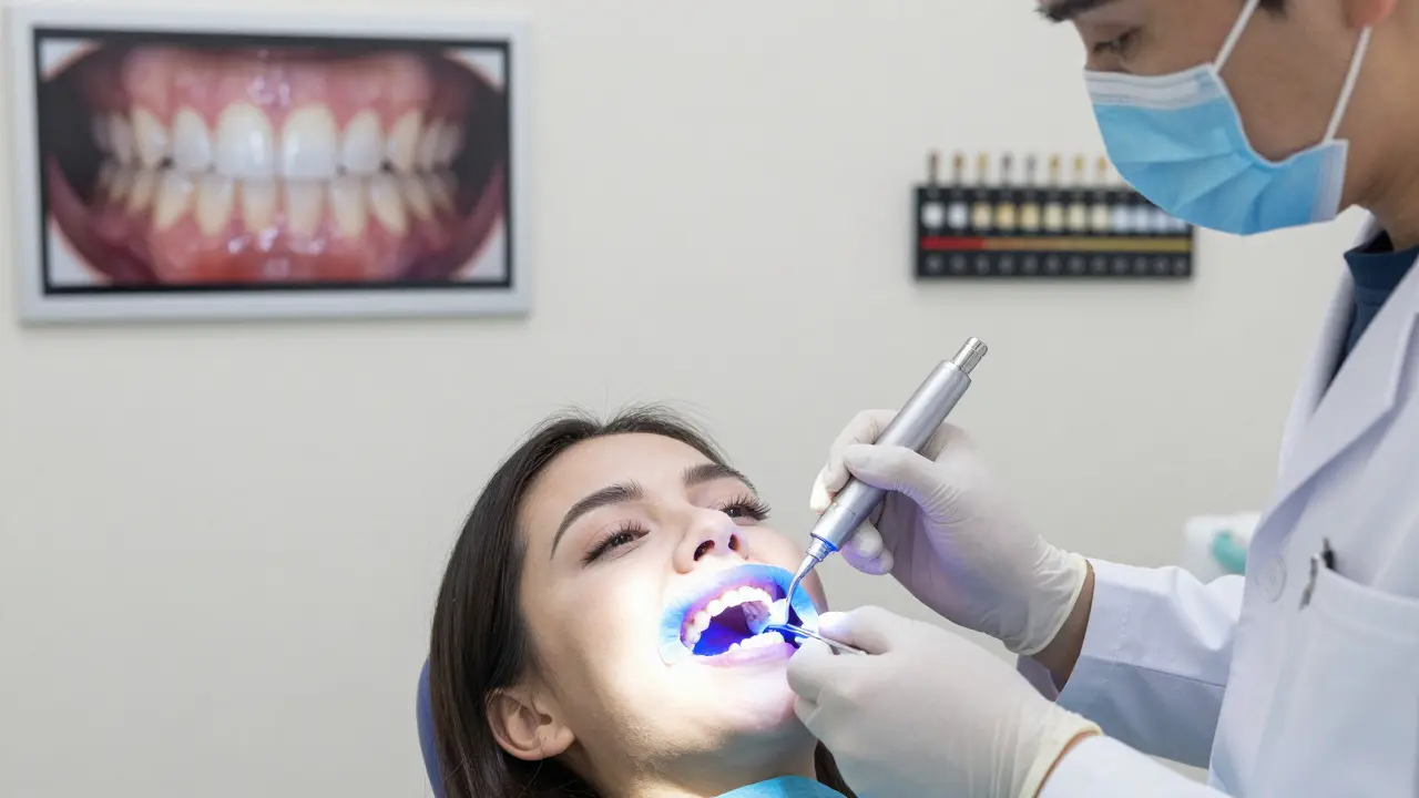 Zubní lékař aplikuje bělící gelem na zuby pacienta pod modrým světlem, ochranné přípravky na dásních.
