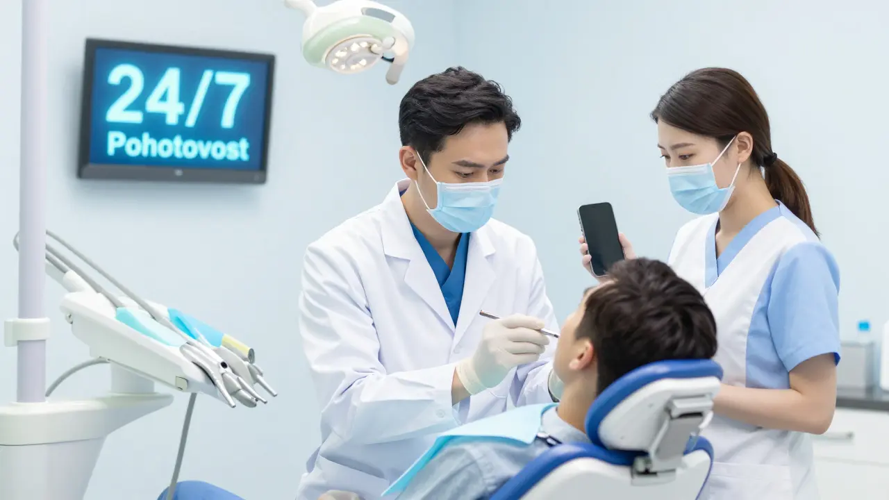 Zubní lékař pečlivě vyšetřuje pacienta v moderní ordinaci s přístupem 24/7.