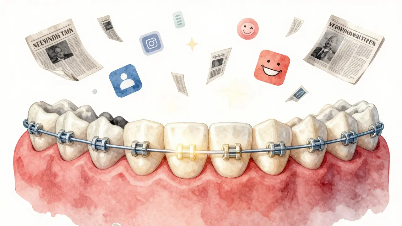 Zuby se přeměňují z křivých na rovné, symbolizují sebedůvěru a transformaci.