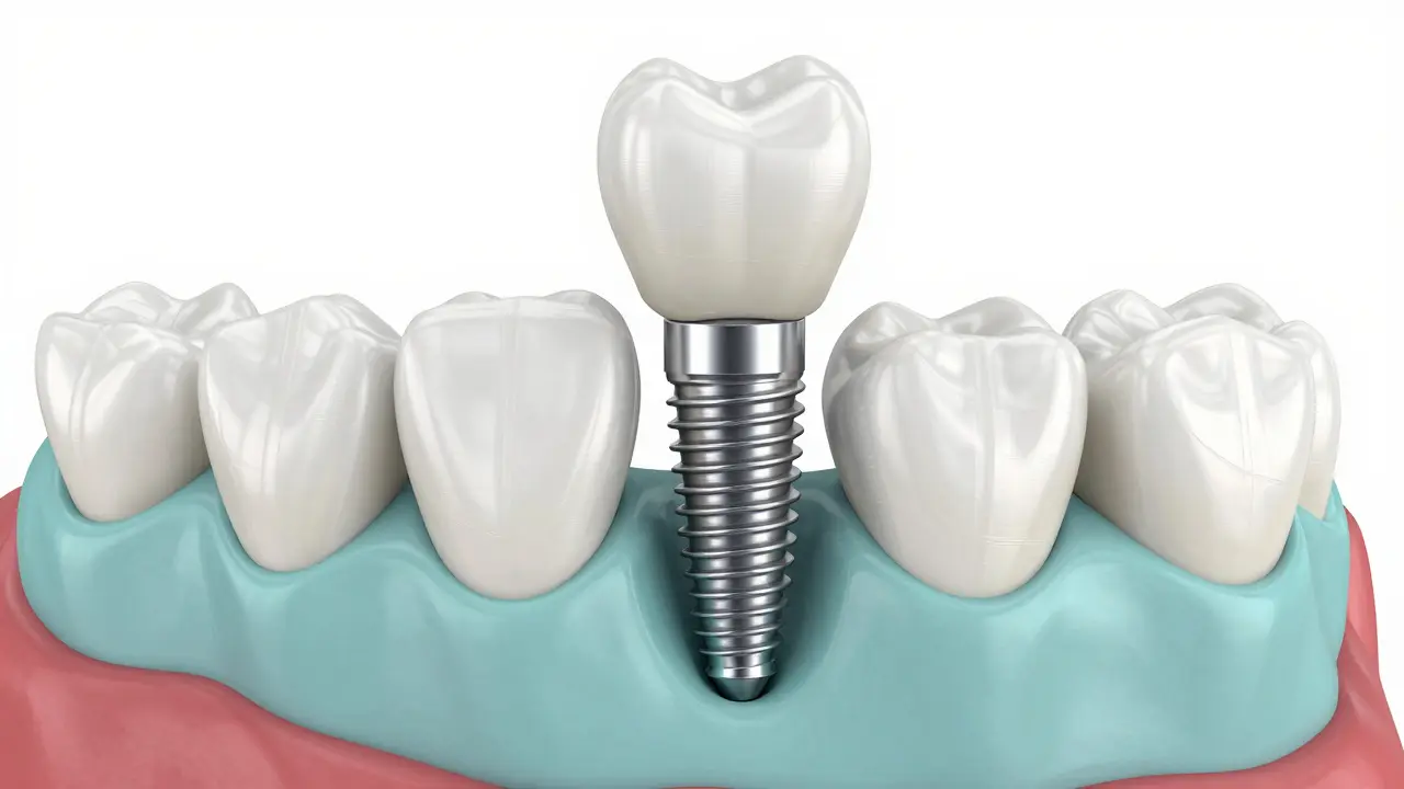 3D ilustrace zubního implantátu s titanovým šroubem a korunkou.