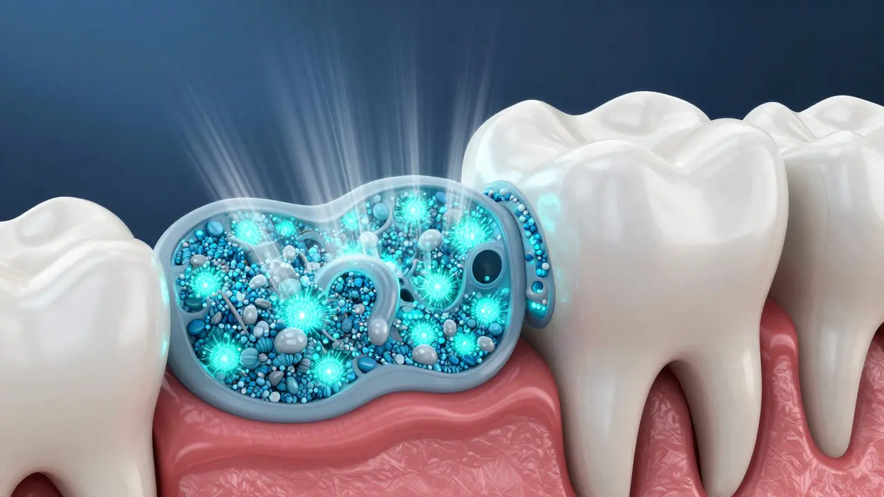 3D vizualizace procesu remineralizace skloviny zubu pomocí minerálů.