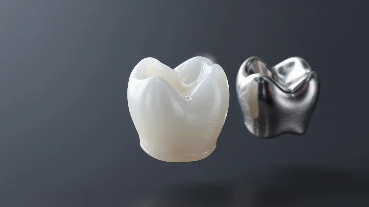 3D vizualizace srovnávající moderní zirkoniovou korunku a klasickou kovokeramiku.