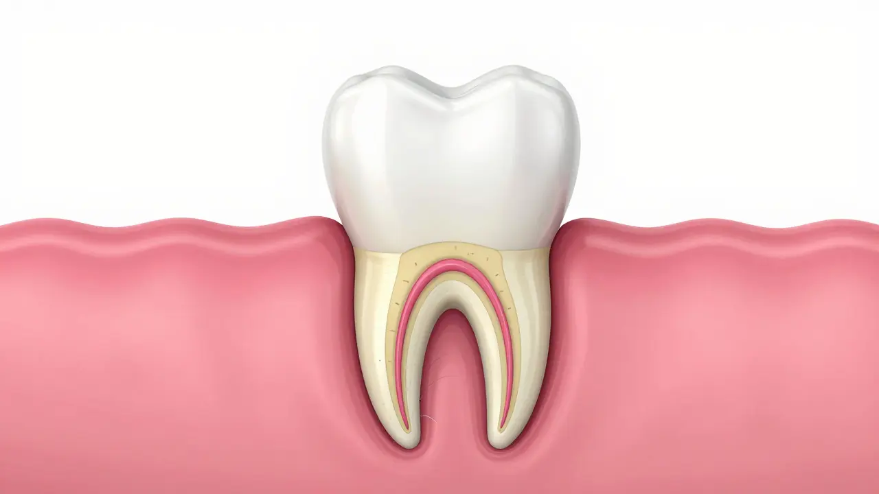Anatomický průřez předního zubu znázorňující sklovinu, dentin a recesi dásní.