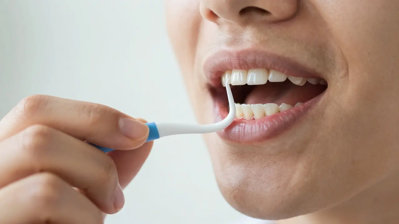 Čištění prostoru pod zubním můstkem pomocí mezizubního kartáčku.