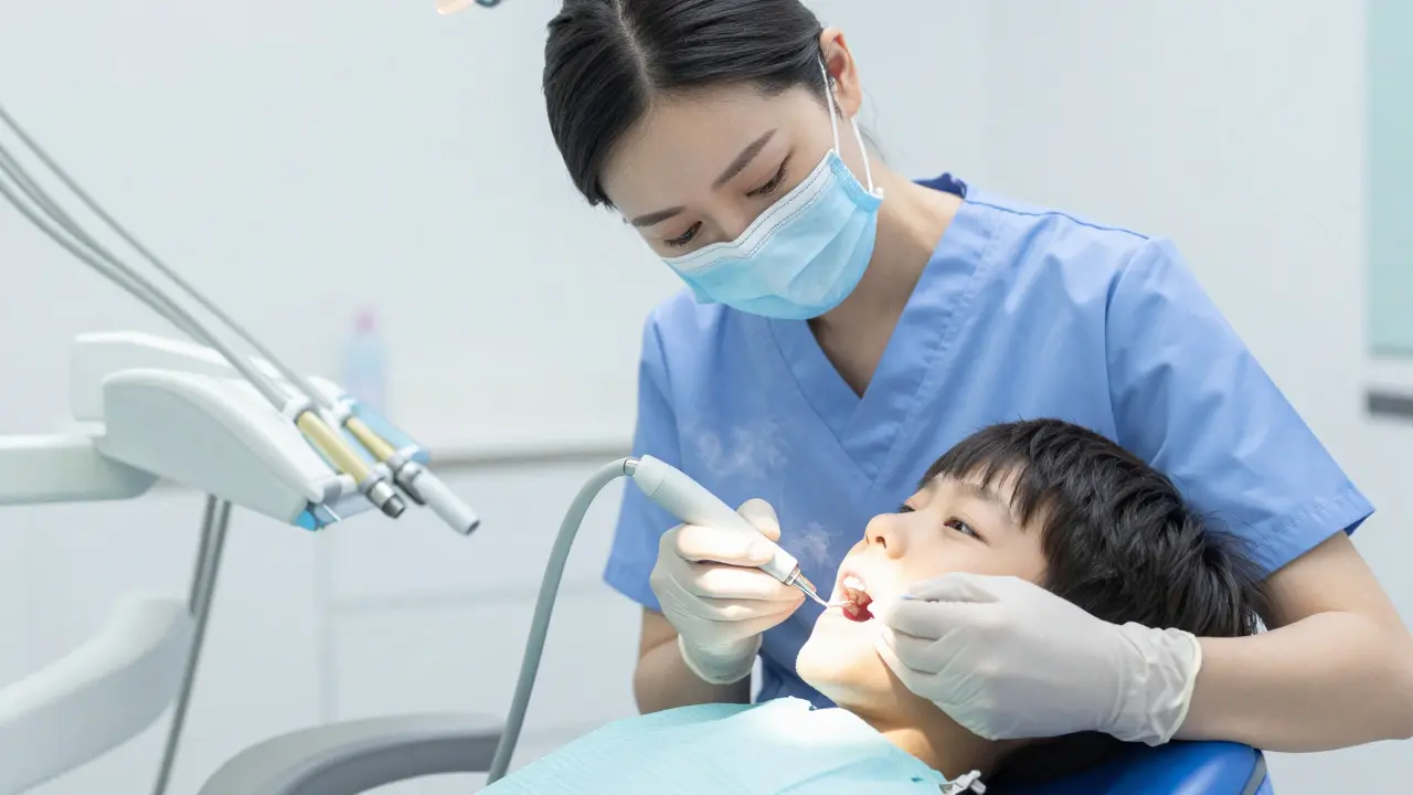 Dentální hygienik provádí profesionální čištění zubů dítěte v moderní ordinaci.