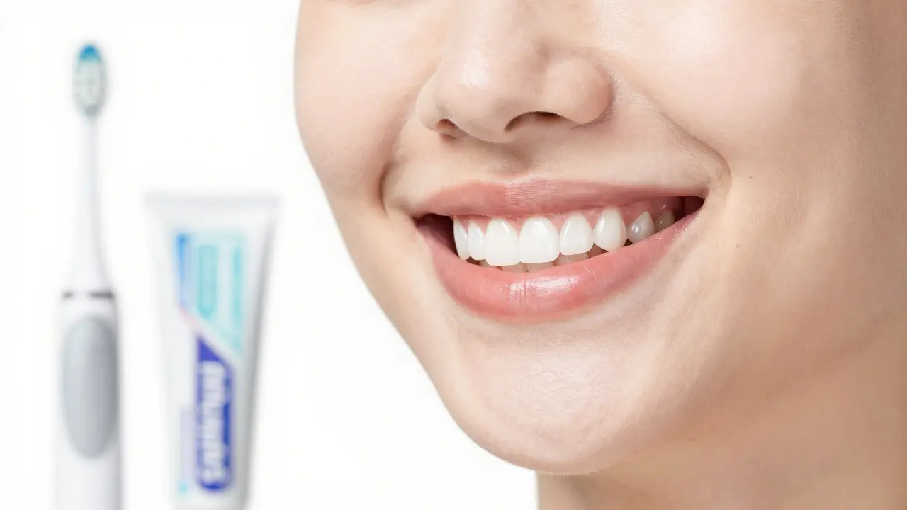 Detail čistého a zářivého úsměvu s rozmazaným zubním kartáčkem v pozadí.