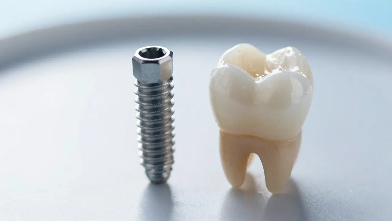 Detail titanového implantátu a keramické korunky na sterilním povrchu.