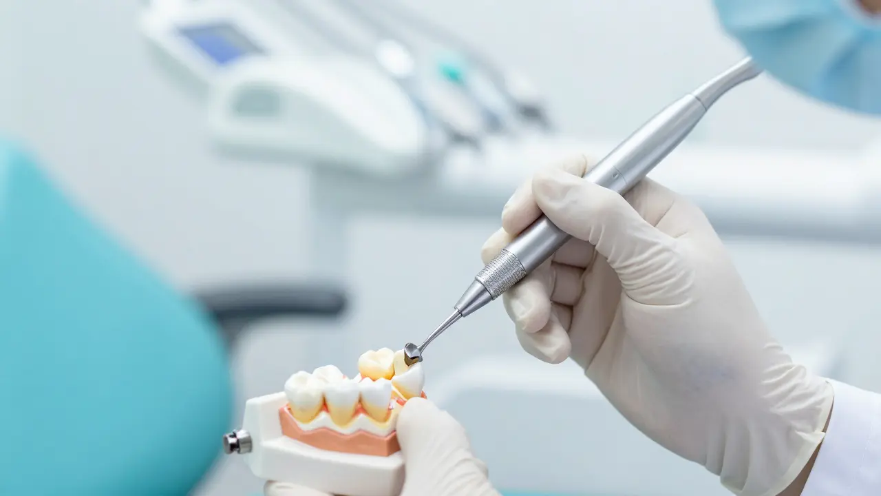 Detailní záběr na precizní nástroj zubního lékaře při úpravě zubu.