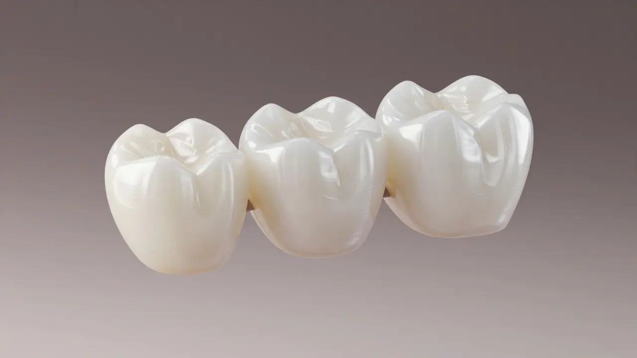 Detailní zobrazení celokeramického zirkonového zubního můstku.