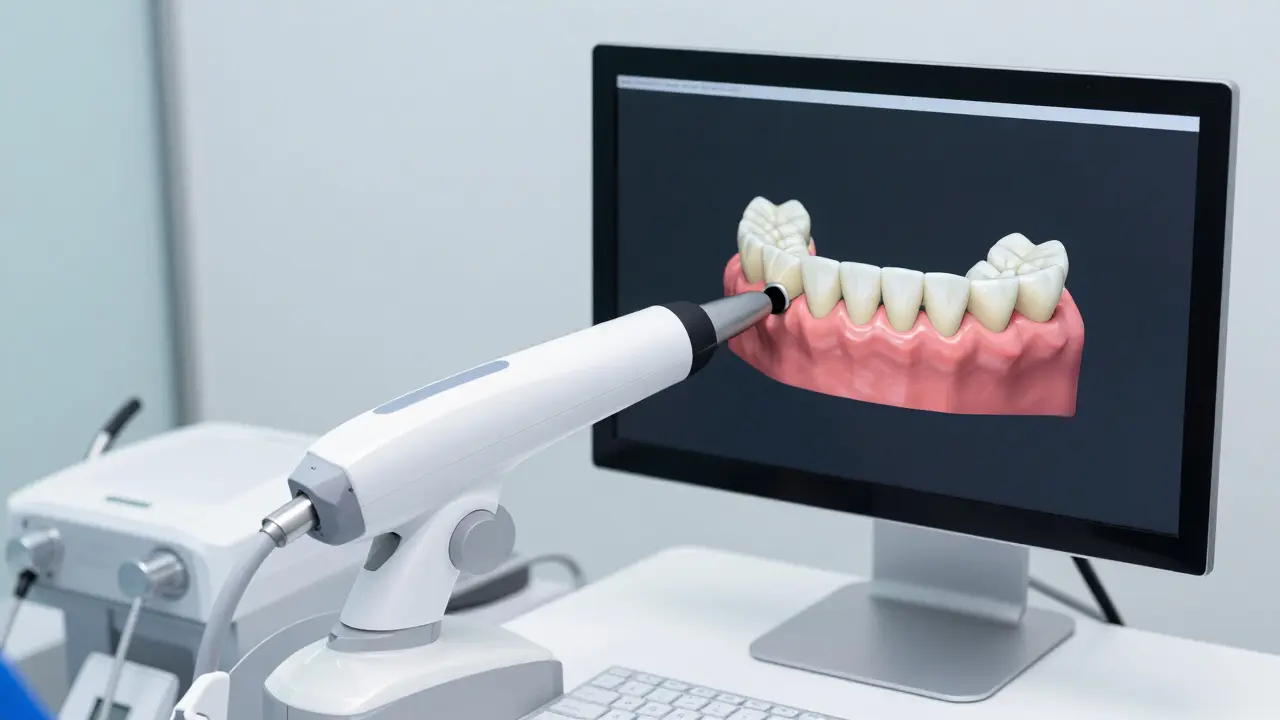 Digitální intraorální skener vytvářející 3D model zubu pro moderní výrobu korunky.