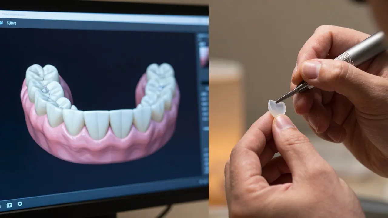 Digitální plánování úsměvu a precizní výroba keramické fasety v laboratoři.