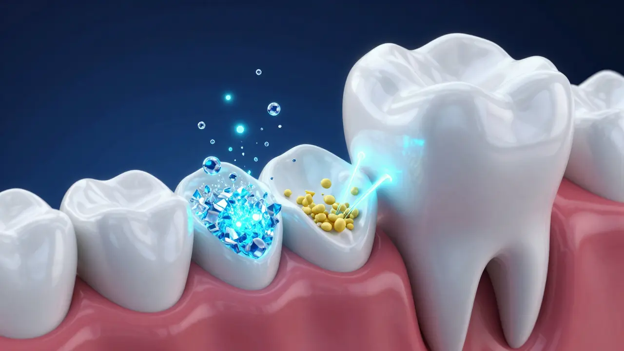 Konceptuální 3D znázornění procesu bělení zubů s modrým světlem a gelem.