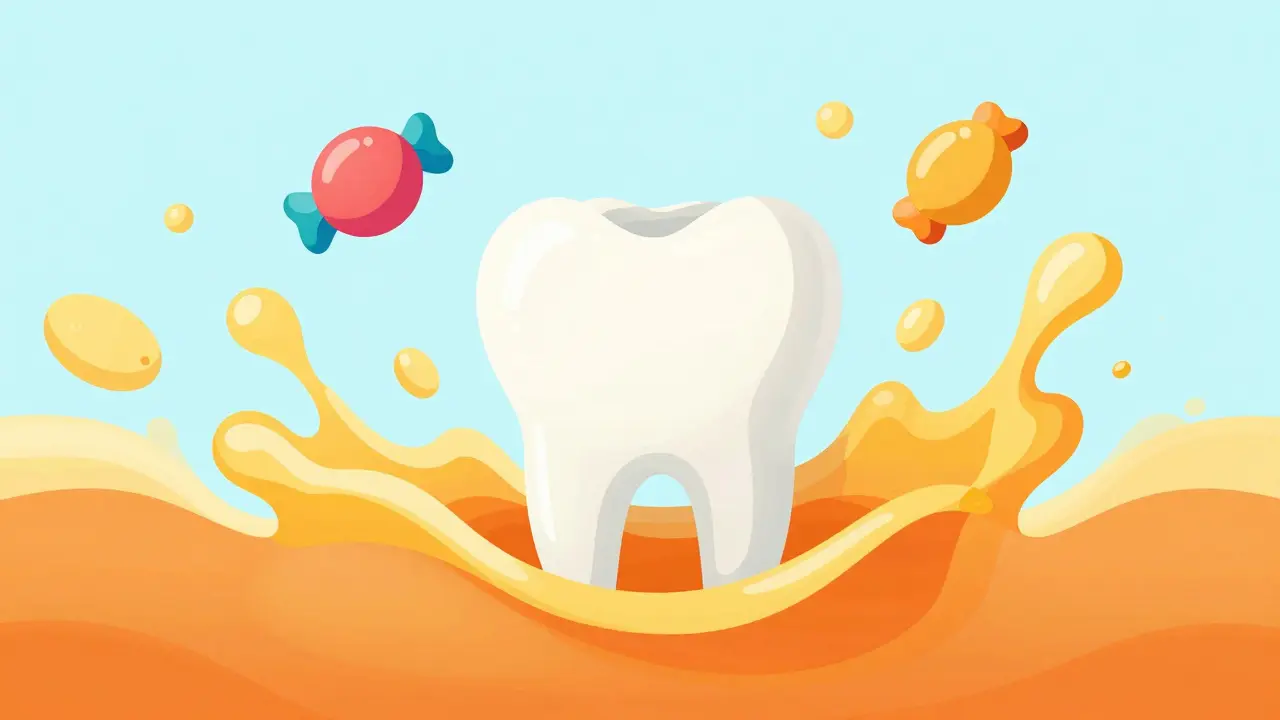 Konceptuální ilustrace příčin žloutnutí zubů, včetně barevného jídla a plaku.