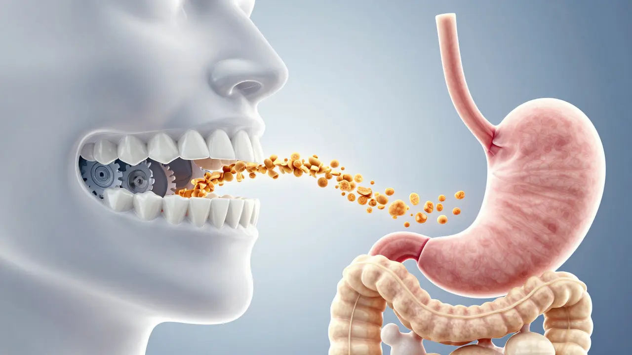 Konceptuální ilustrace souvislostí mezi správným skousem a trávením.