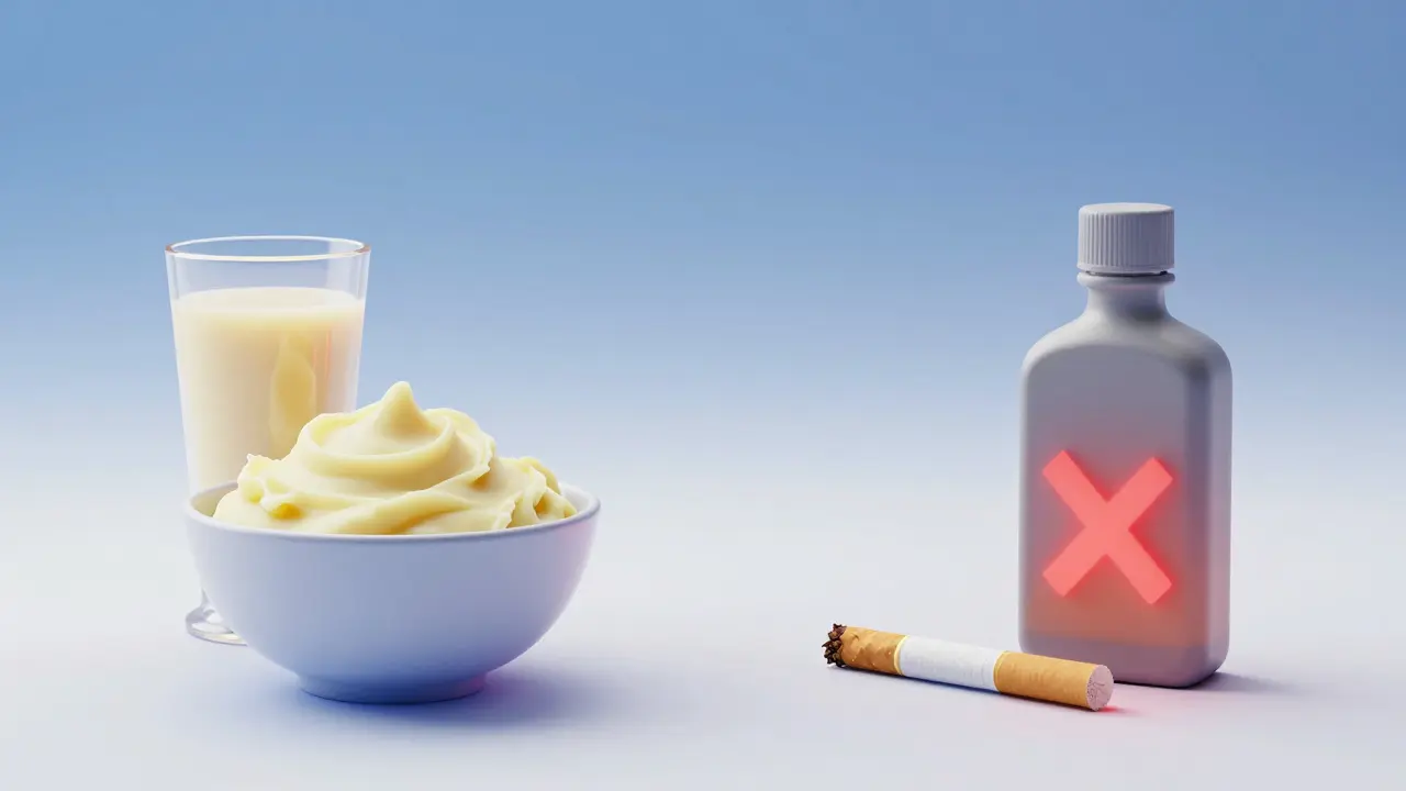 Konceptuální obraz s měkkými potravinami a zakázaným kouřením.