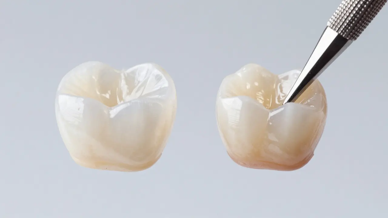 Konceptuální srovnání porcelánové fazety a vrstvení kompozitního materiálu na zubu.