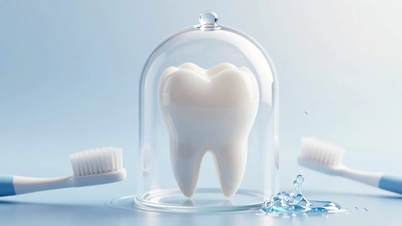 Konceptuální znázornění ochrany a péče o porcelánové zubní fazety.