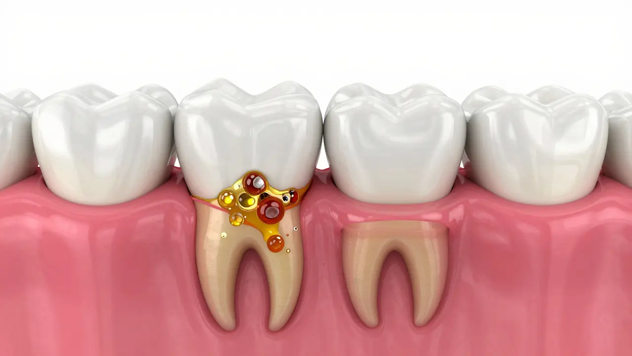 Konceptuální znázornění zubního kamene pod linií dásní.