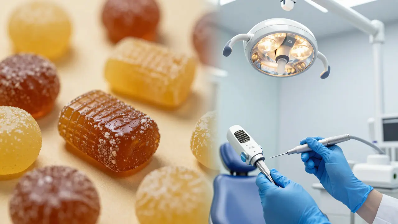 Kontrast mezi sladkým jídlem a moderní stomatologickou léčbou.