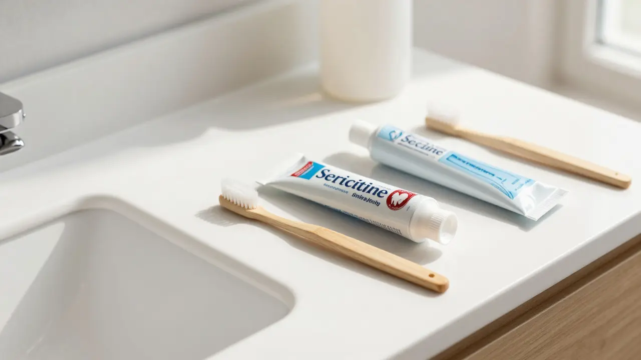 Koupelnové potřeby pro správnou hygienu a prevenci citlivosti zubů.