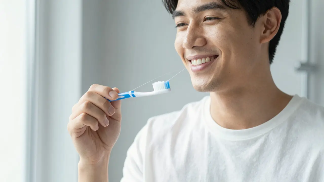 Krásně usmívající se osoba při ranní hygieně zubů v moderní koupelně.