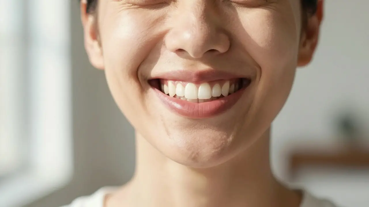 Krásný, přirozený úsměv osoby po úspěšné rekonstrukci zubů pomocí faset.
