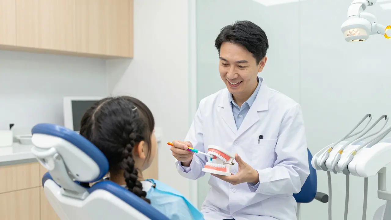 Kzřítkový zubař učí dítě správné technice čištění zubů v moderní ordinaci.