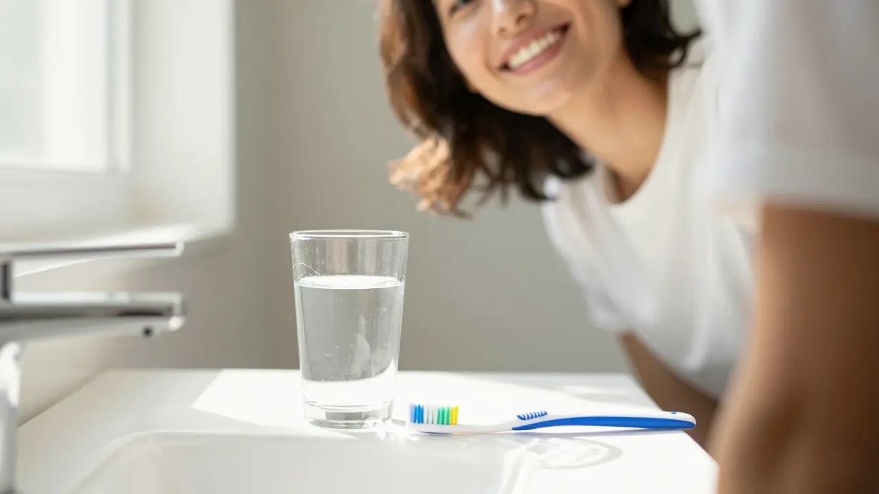 Mezizubní kartáček a sklenice vody v moderní koupelně jako součást denní péče.