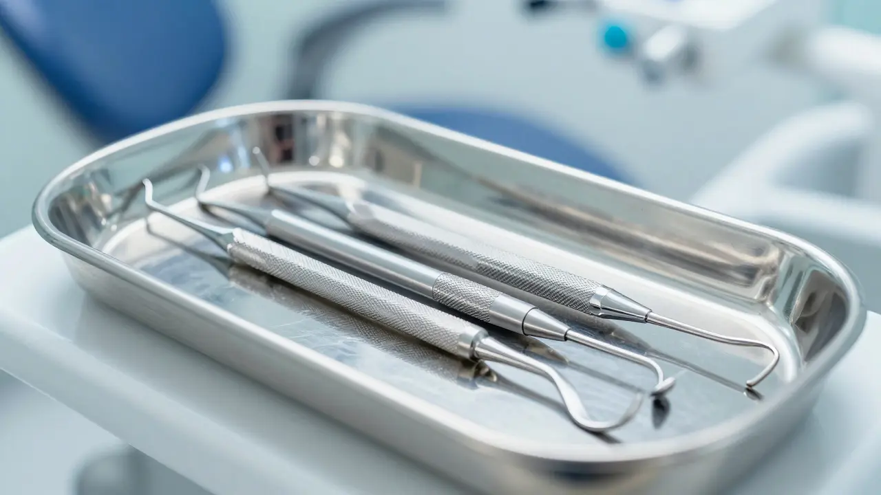 Profesionální dentální kyrety na sterilním kovovém tácu