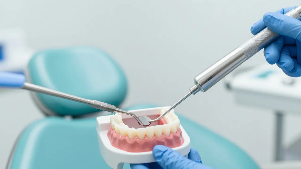 Profesionální hygienické čištění a pískování zubů v klinice.