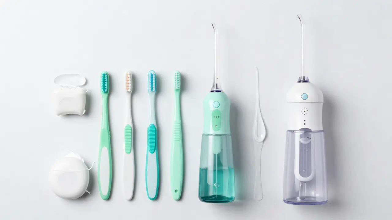 Sada pomůcek pro mezizubní čištění včetně dentální nitě a irigátoru