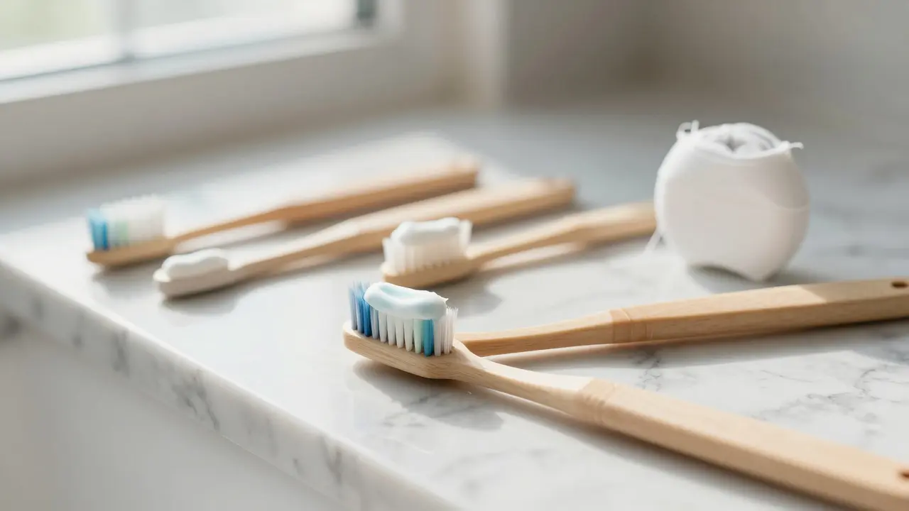 Sada pro dentální hygienu: kartáček, mezizubní kartáčky a nit.