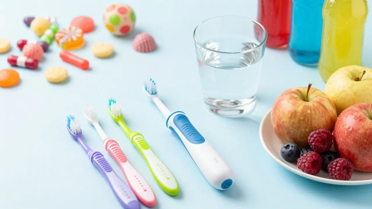 Sada pro dětskou zubní hygienu včetně sonického kartáčku, mezizubních kartáčků a čerstvého ovoce.