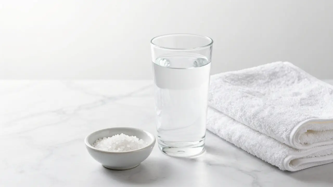 Sklenice vlažné vody a miska soli na bílém mramoru.