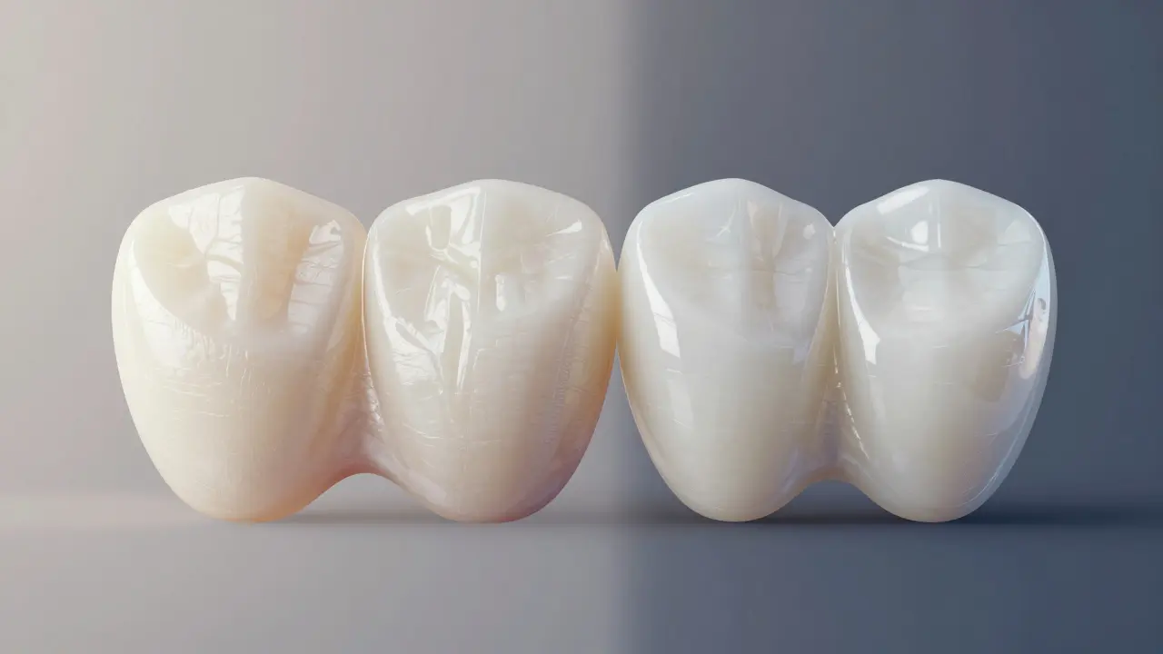 Srovnání textury a vzhledu kompozitní a keramické zubařské fazety.